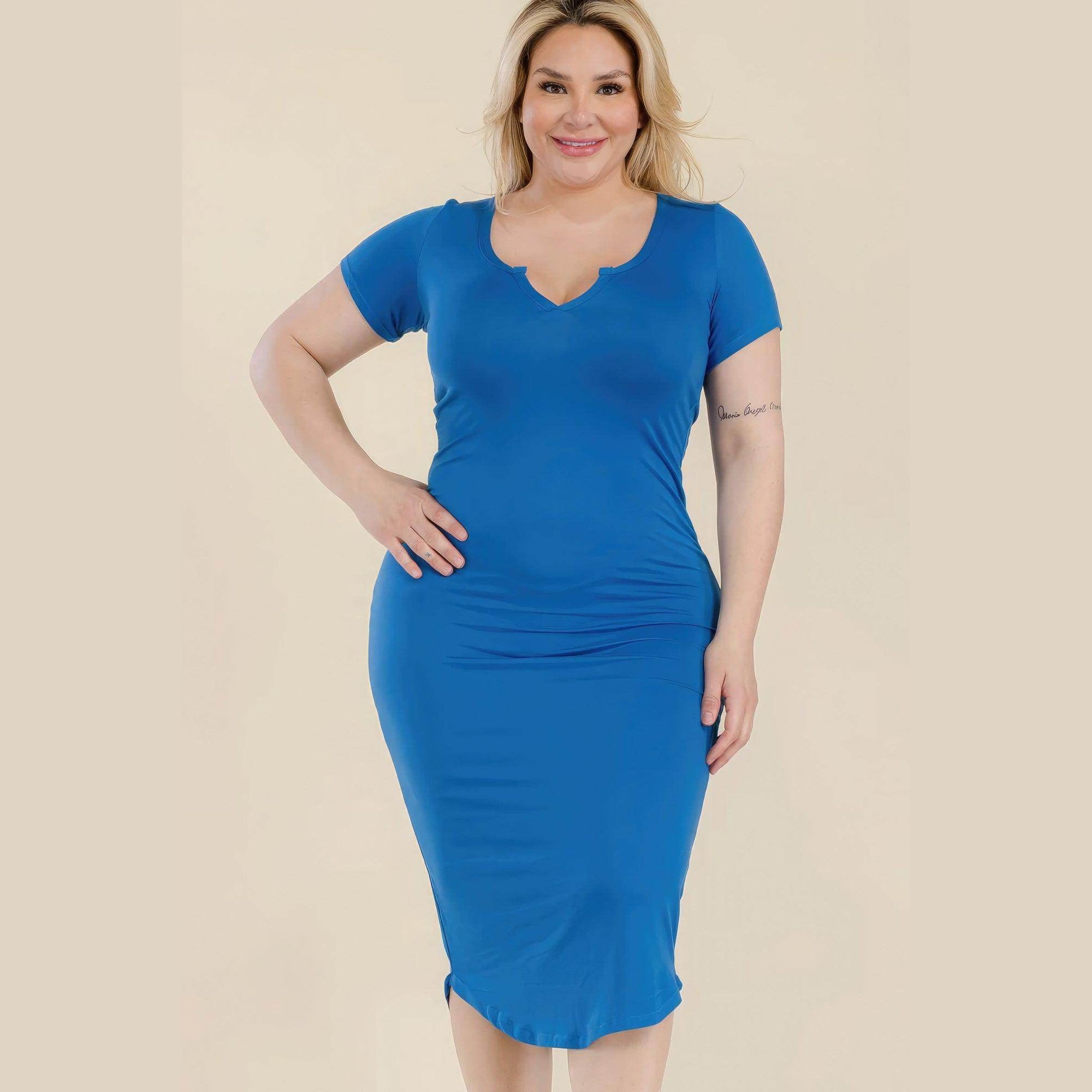 Plus Size Split Neck Bodycon Midi Dress - VacationGrabs