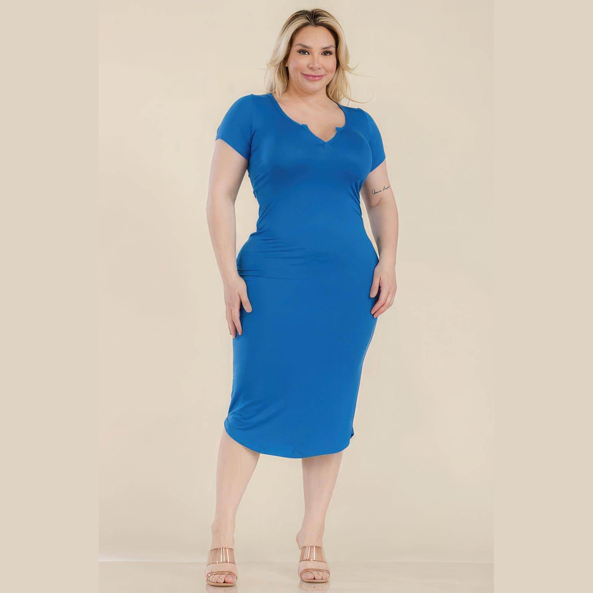 Plus Size Split Neck Bodycon Midi Dress - VacationGrabs