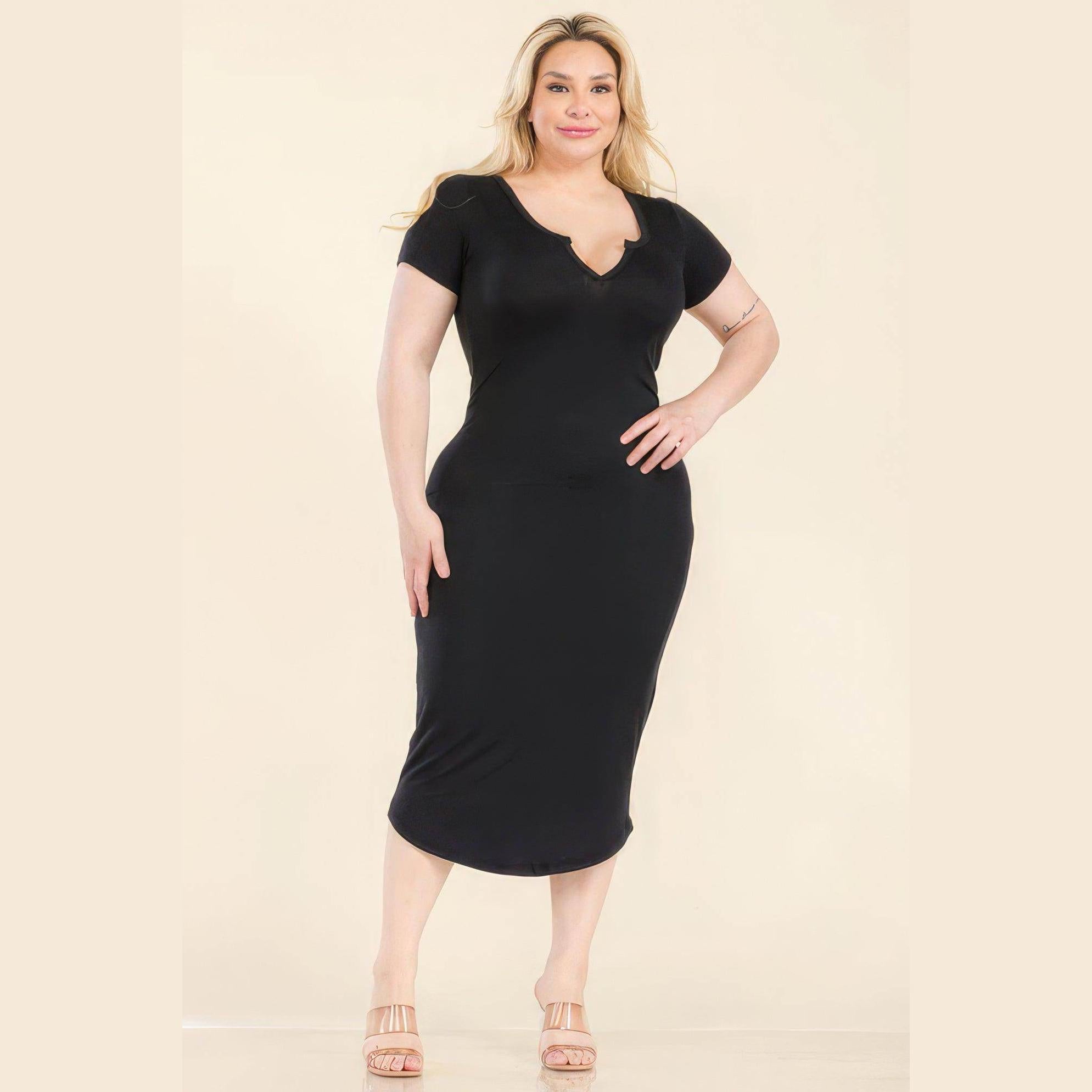 Plus Size Split Neck Bodycon Midi Dress - VacationGrabs