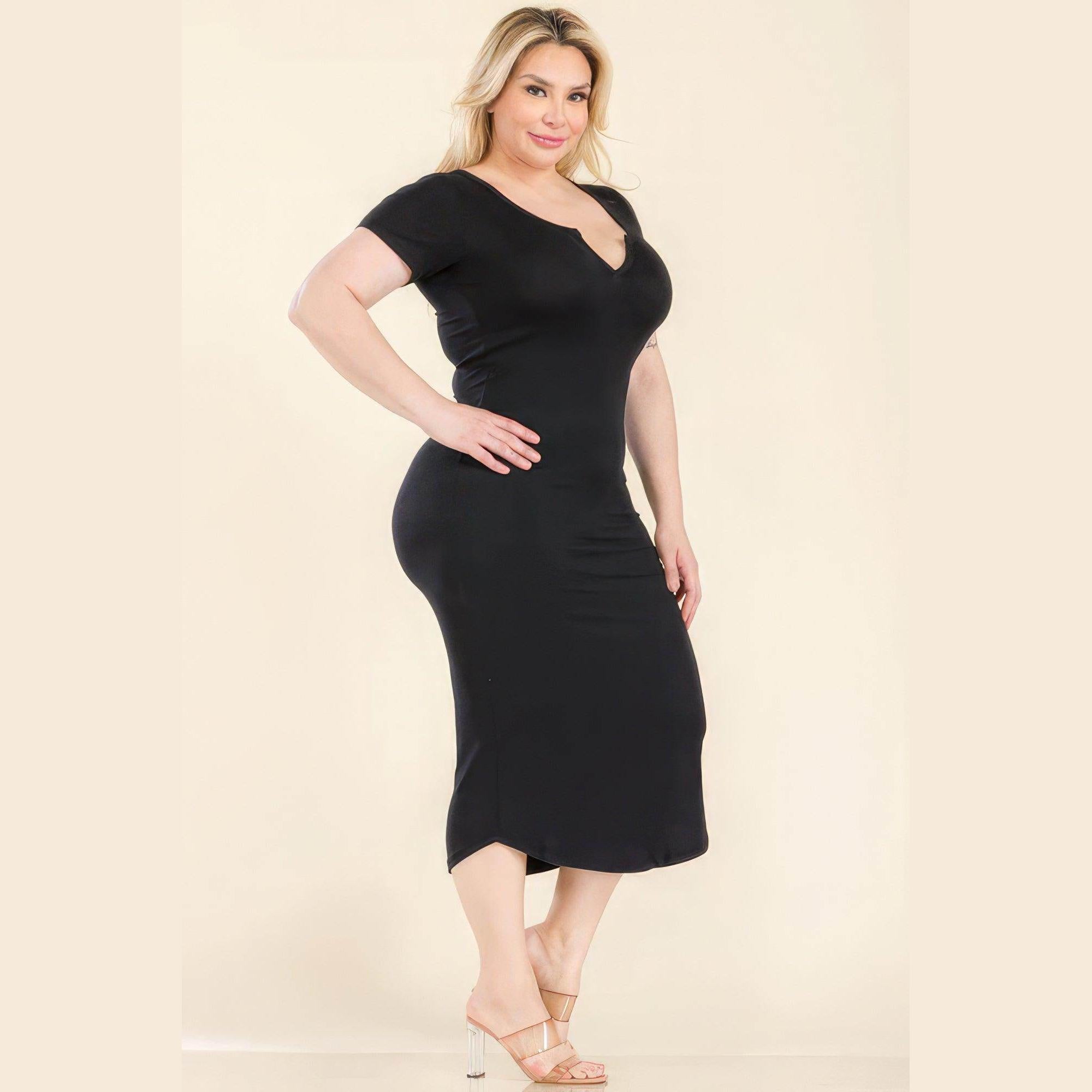 Plus Size Split Neck Bodycon Midi Dress - VacationGrabs