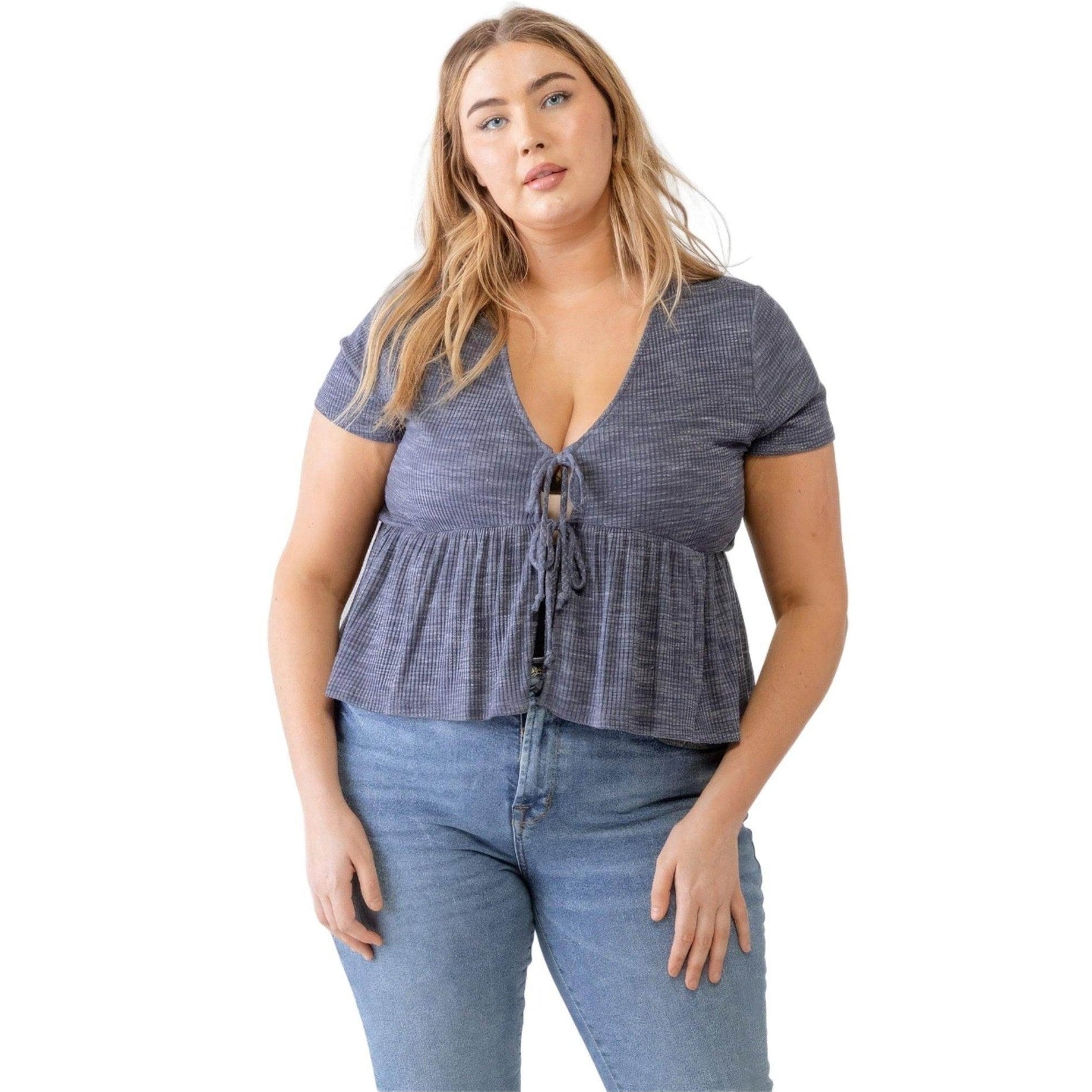 Plus Denim Blue Ribbed U-shape Neck Flare Hem Tie Top - VacationGrabs