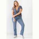 Plus Denim Blue Ribbed U-shape Neck Flare Hem Tie Top - VacationGrabs