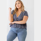 Plus Denim Blue Ribbed U-shape Neck Flare Hem Tie Top - VacationGrabs