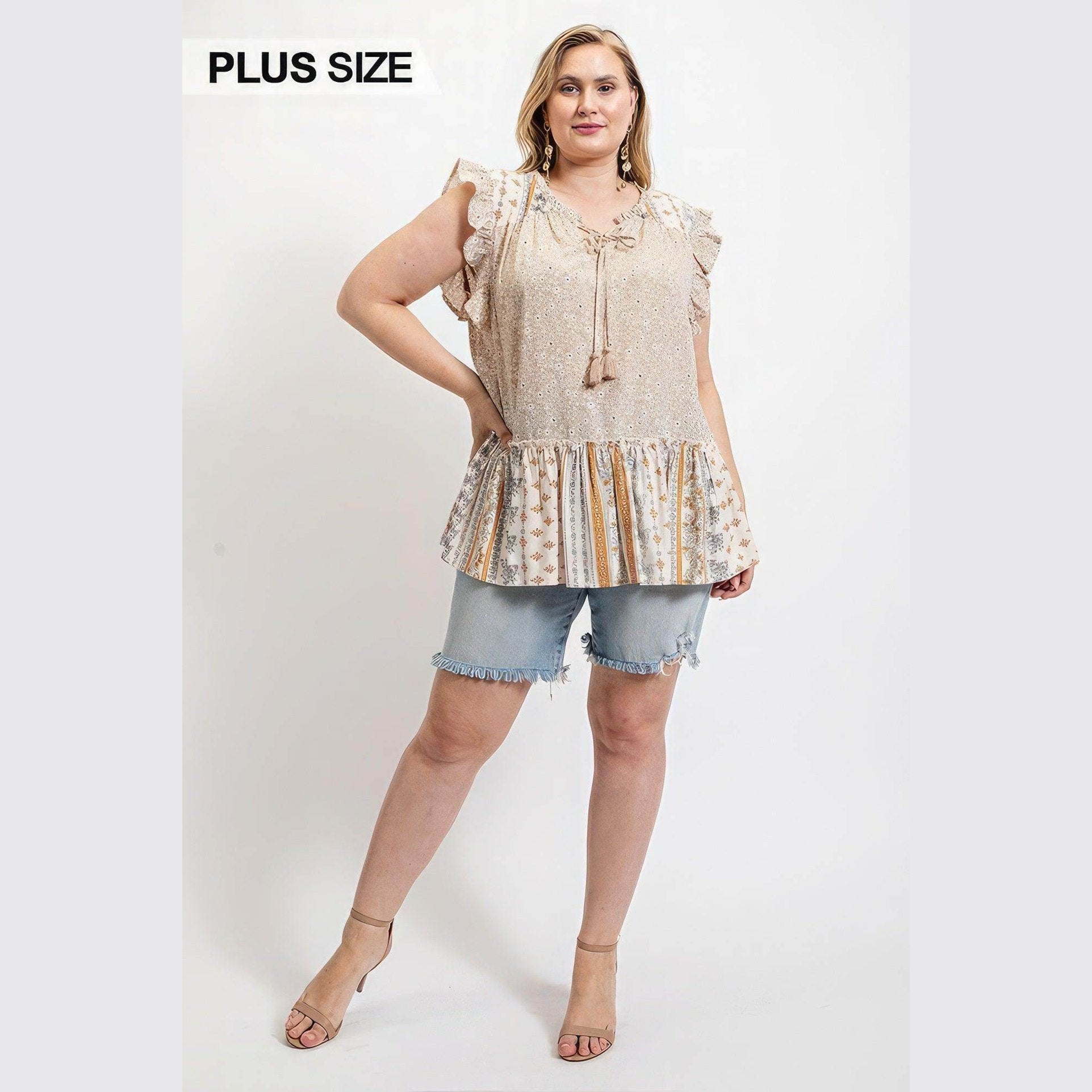 Woven Prints Mixed And Sleeveless Flutter Top With Tassel - VacationGrabs