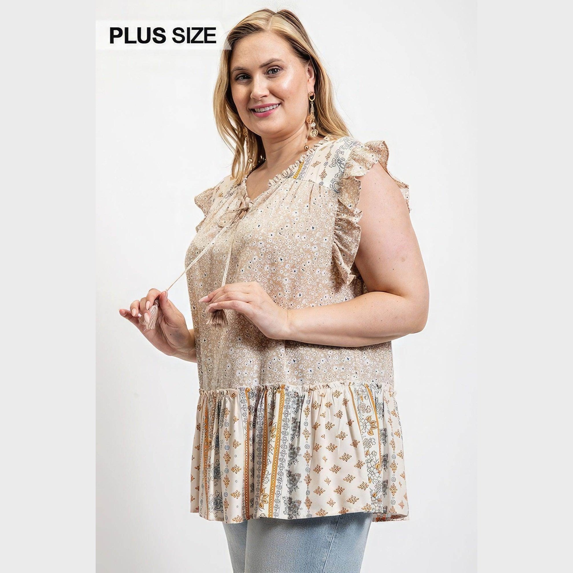 Woven Prints Mixed And Sleeveless Flutter Top With Tassel - VacationGrabs