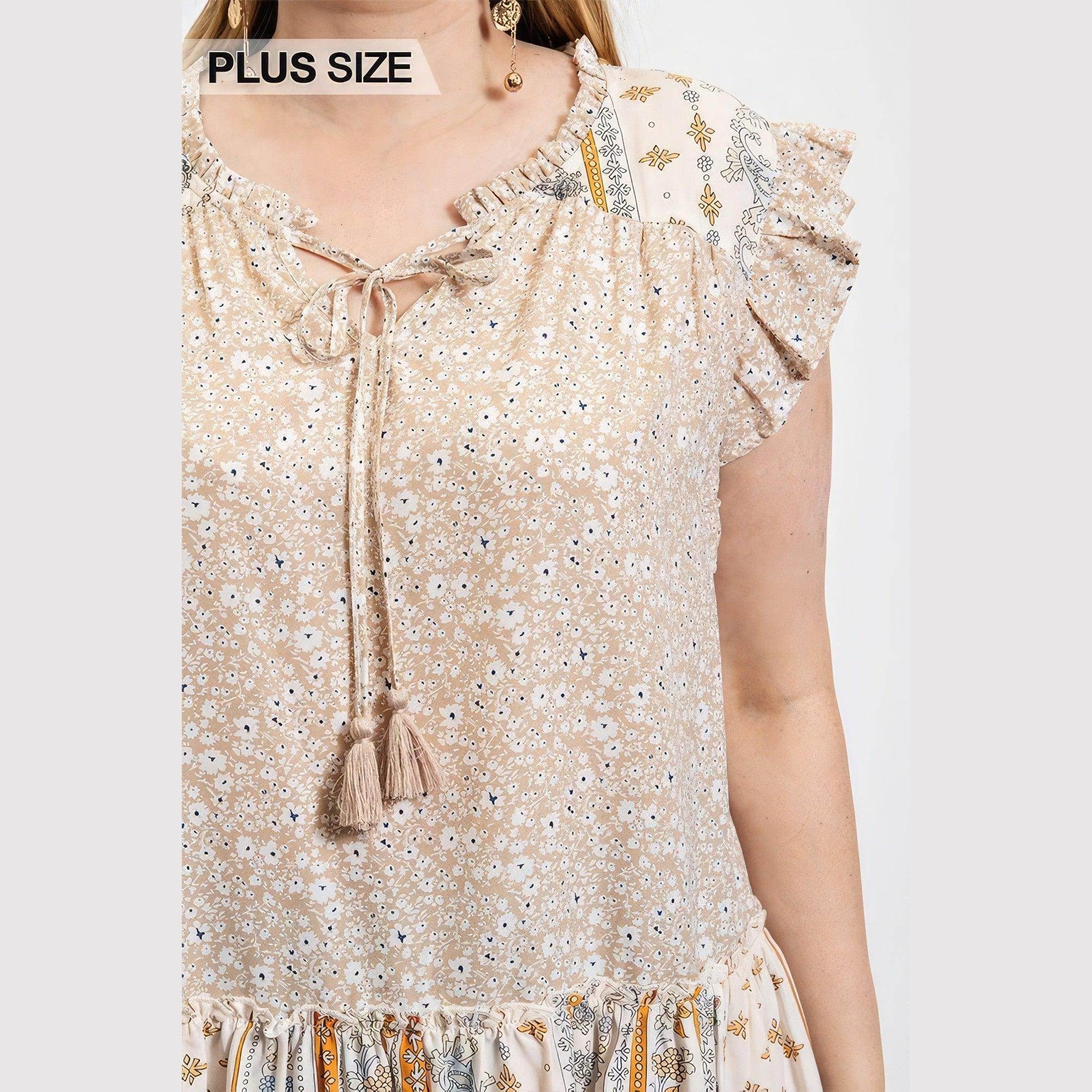 Woven Prints Mixed And Sleeveless Flutter Top With Tassel - VacationGrabs
