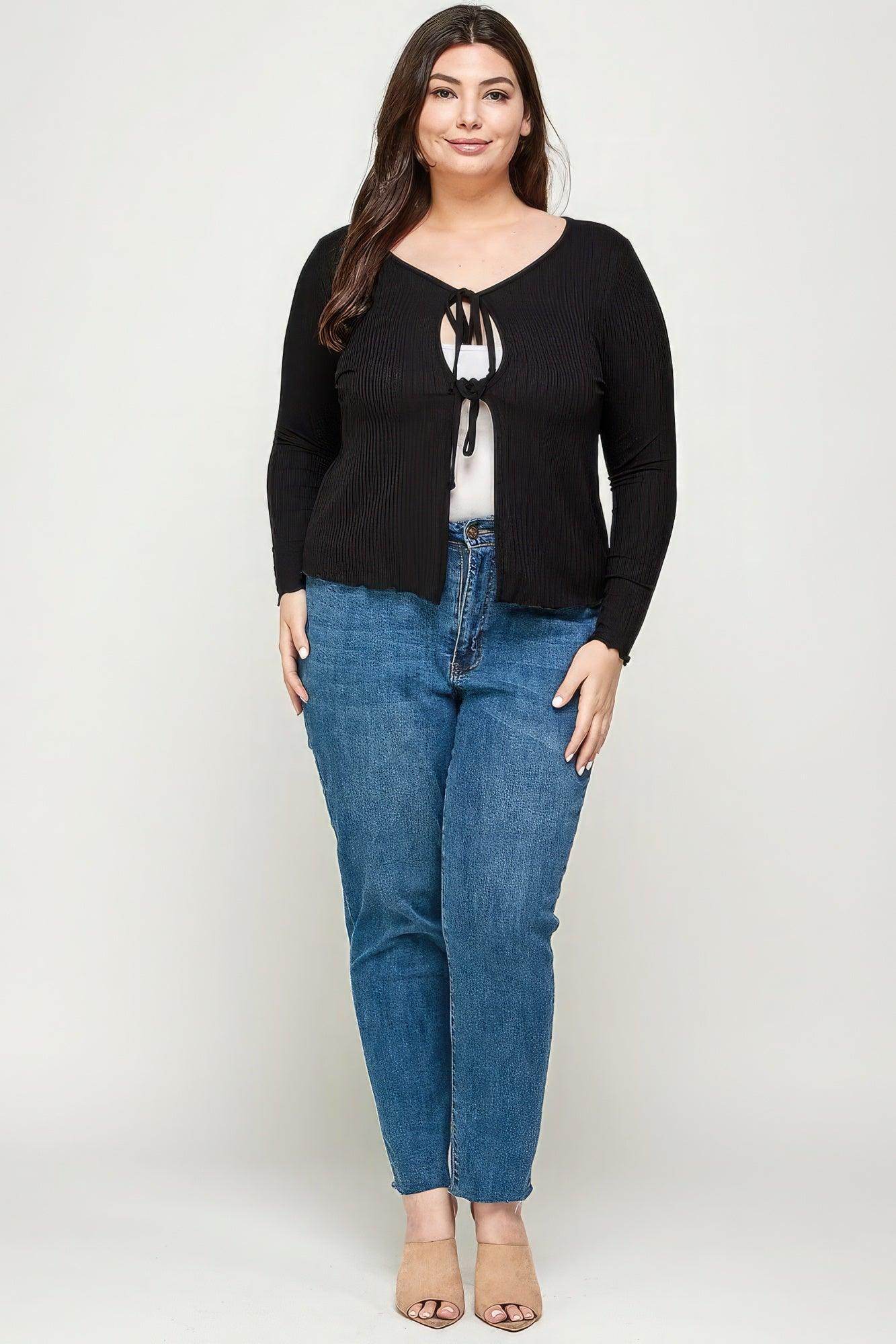 Solid Black Ribbed Pointelle Cardigan - VacationGrabs