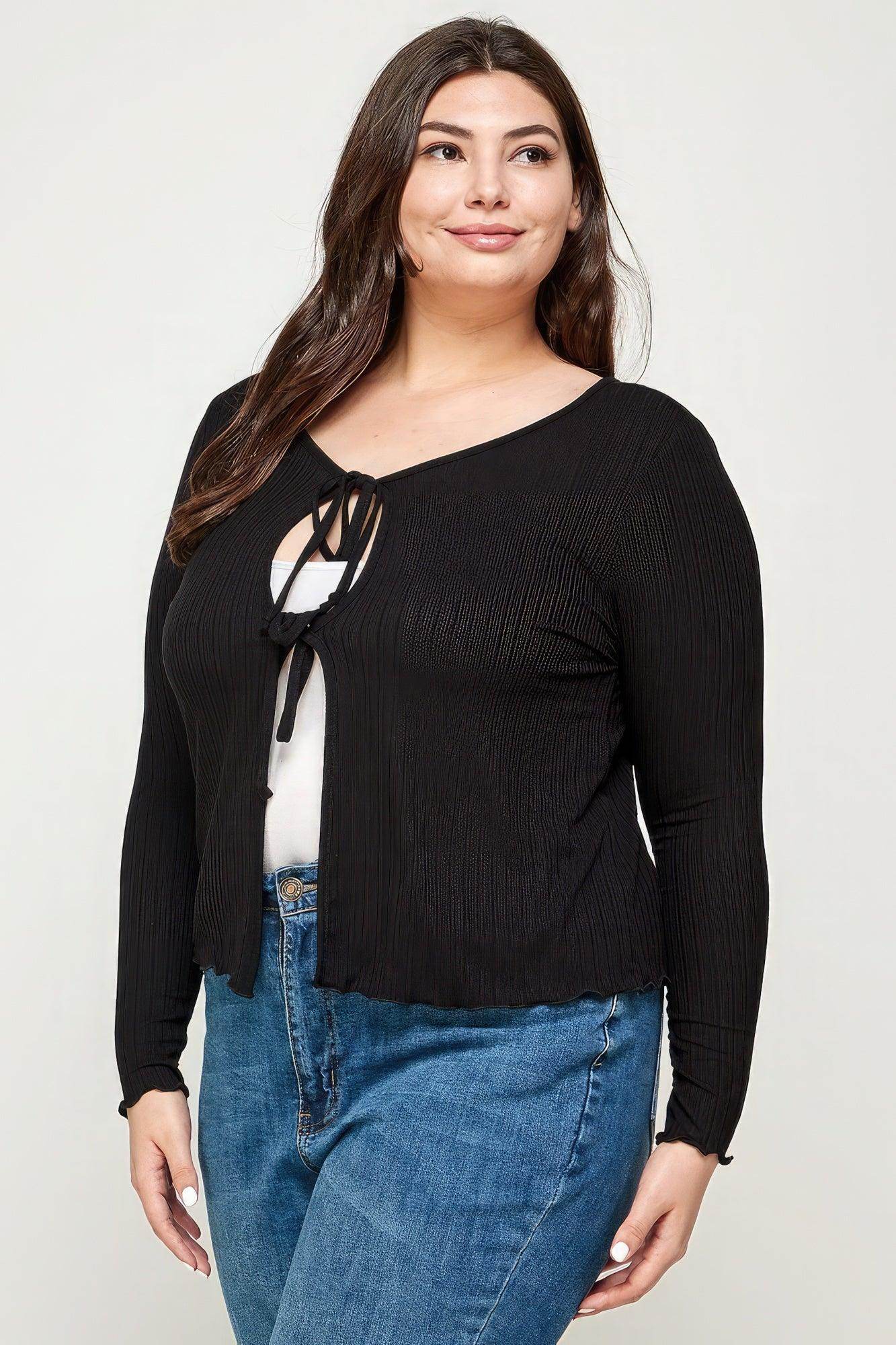 Solid Black Ribbed Pointelle Cardigan - VacationGrabs
