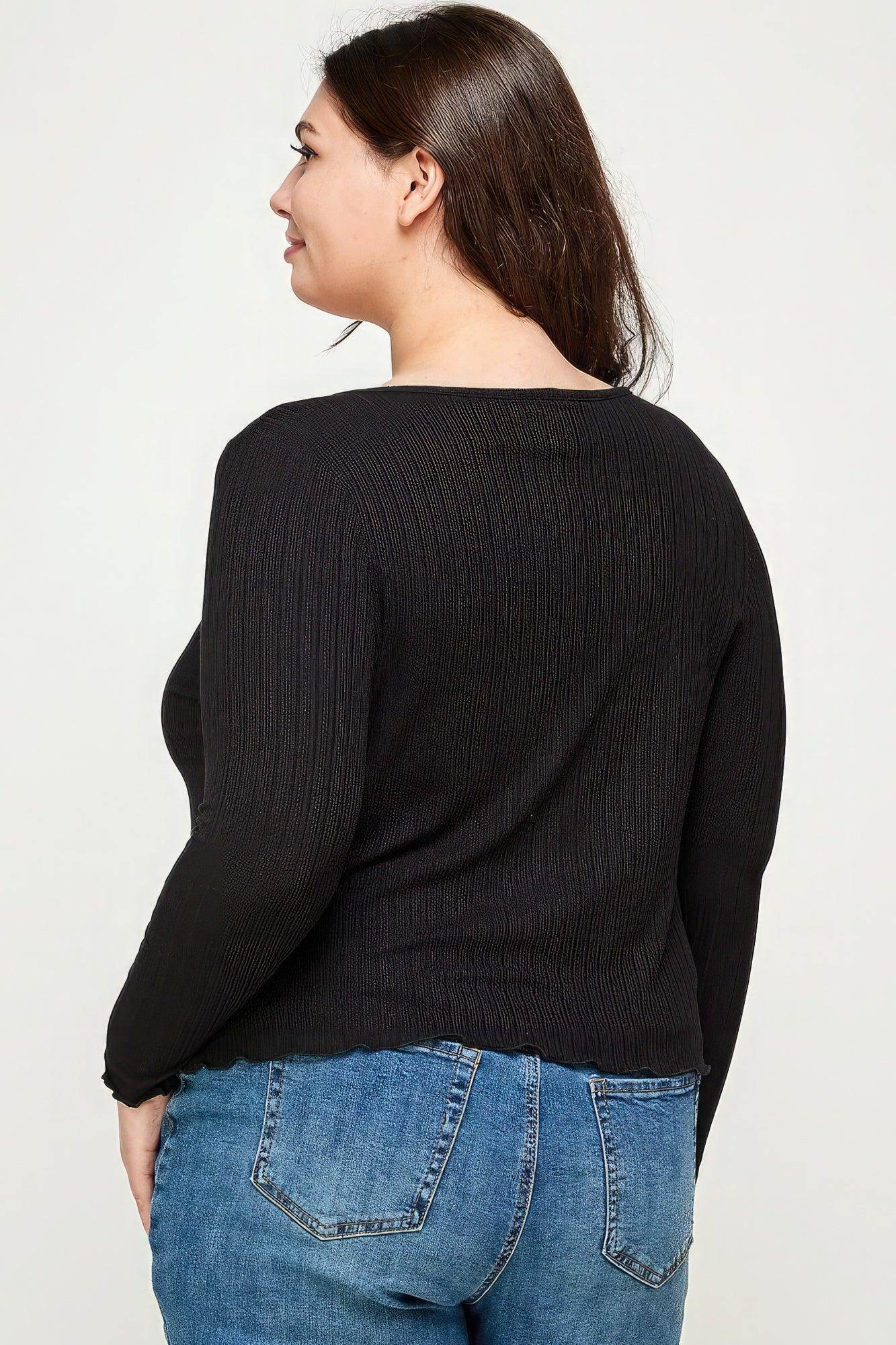 Solid Black Ribbed Pointelle Cardigan - VacationGrabs