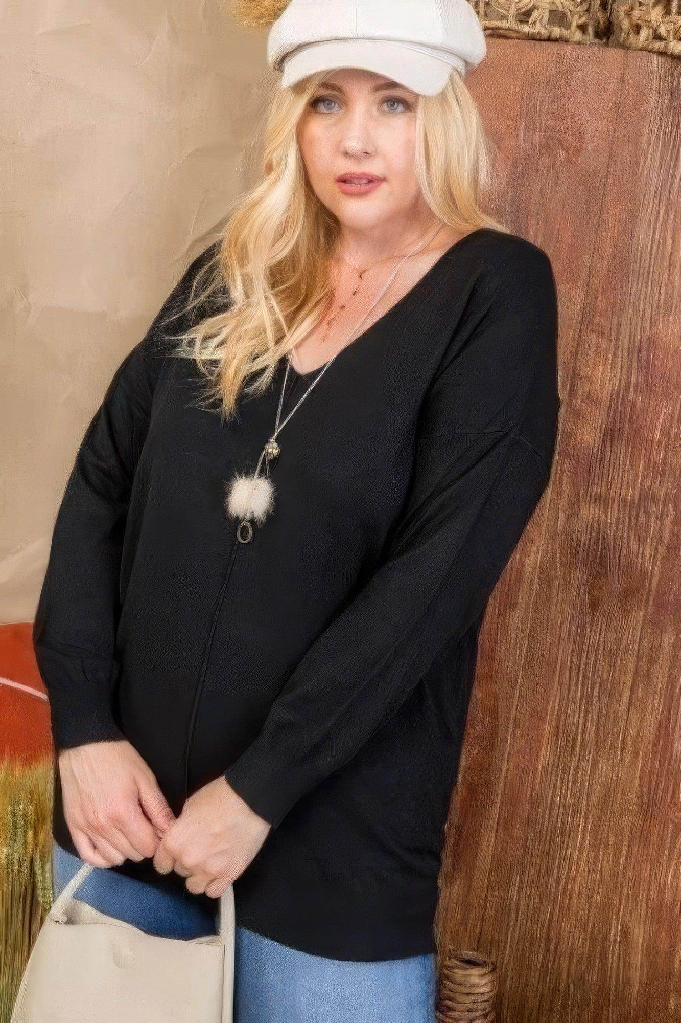 Plus Size V Neck 3/4 Sleeve Side Slit Hi-lo Sweater - VacationGrabs