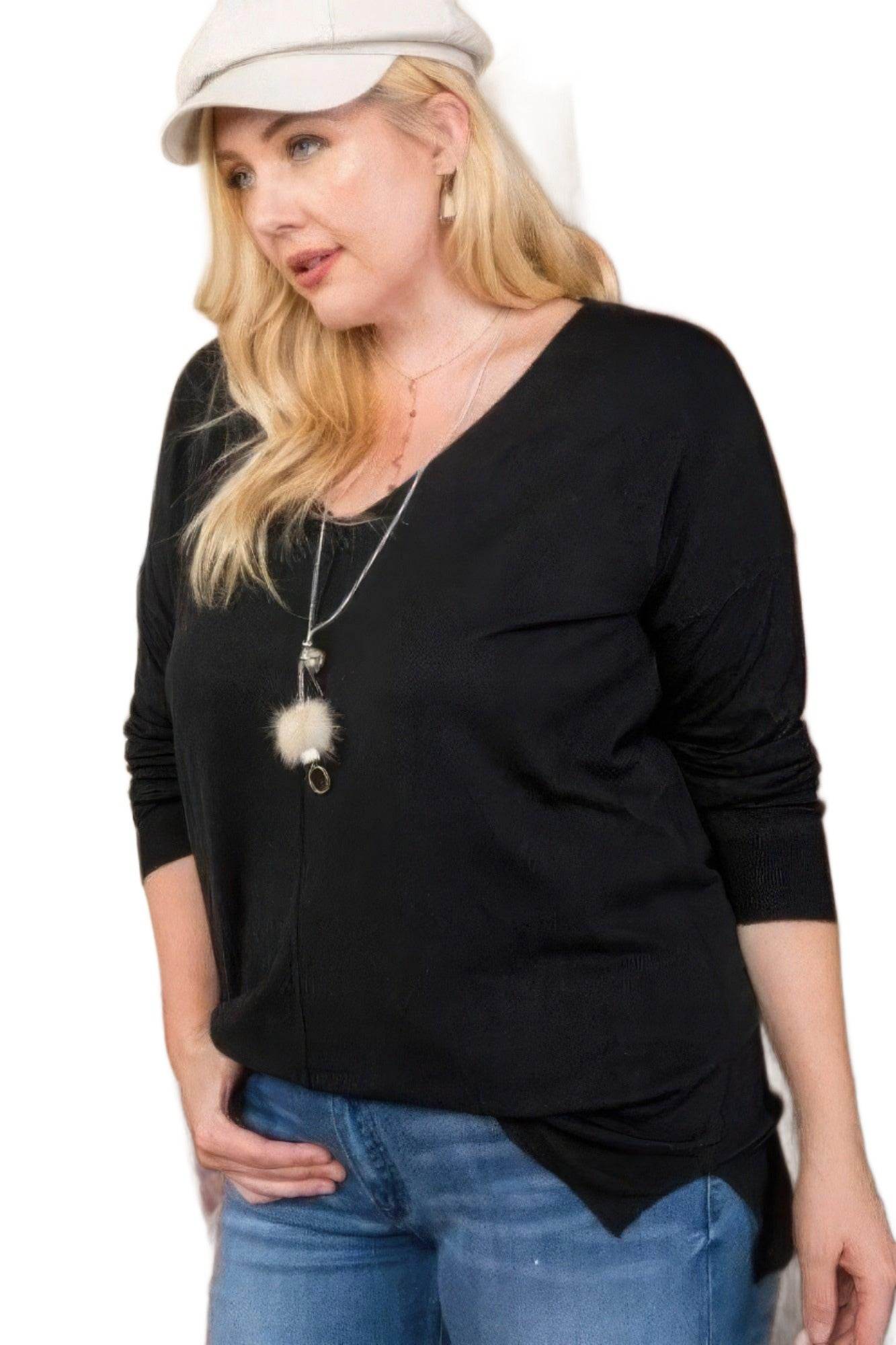 Plus Size V Neck 3/4 Sleeve Side Slit Hi-lo Sweater - VacationGrabs