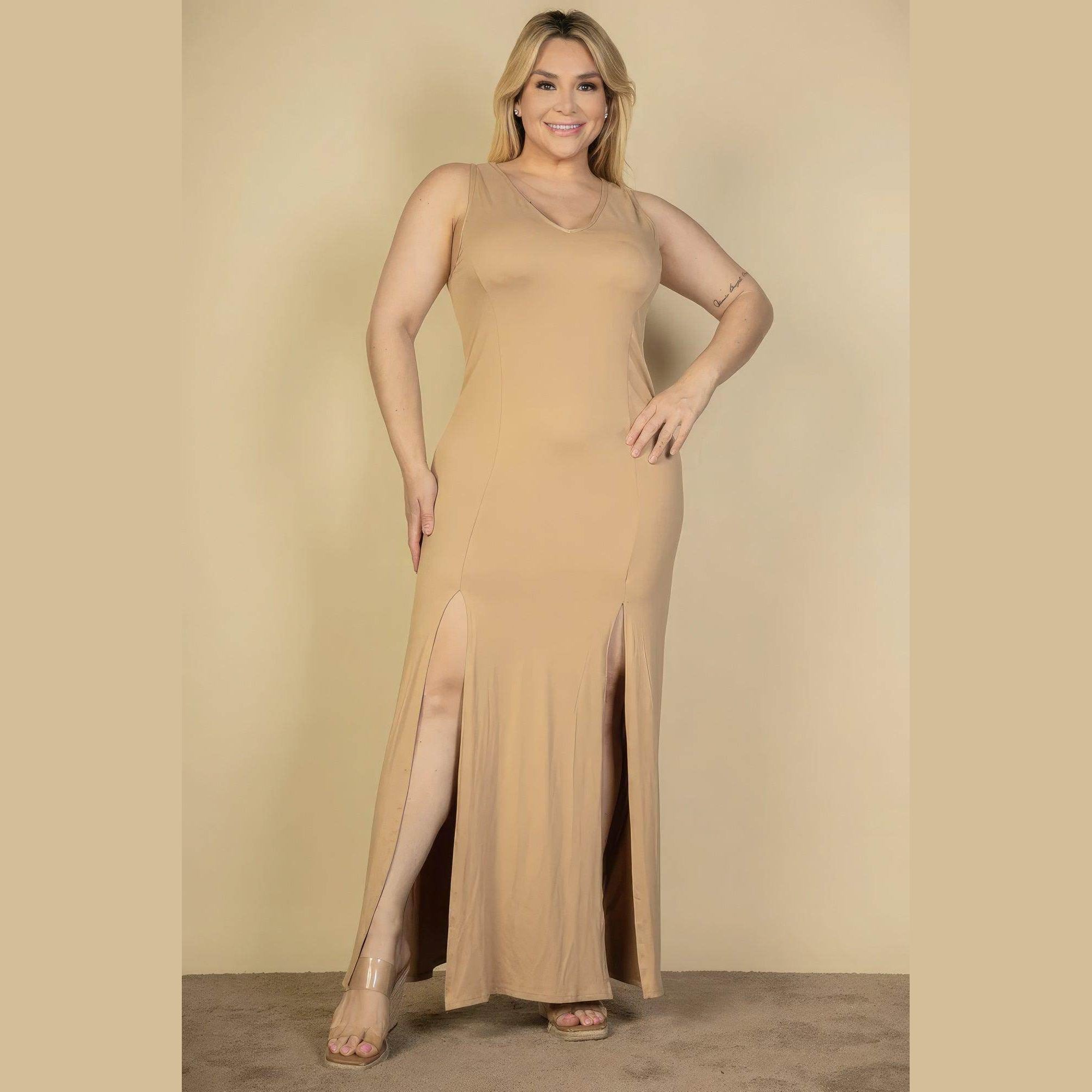 Plus Size Plunge Neck Thigh Split Maxi Dress - VacationGrabs