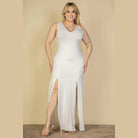 Plus Size Plunge Neck Thigh Split Maxi Dress - VacationGrabs