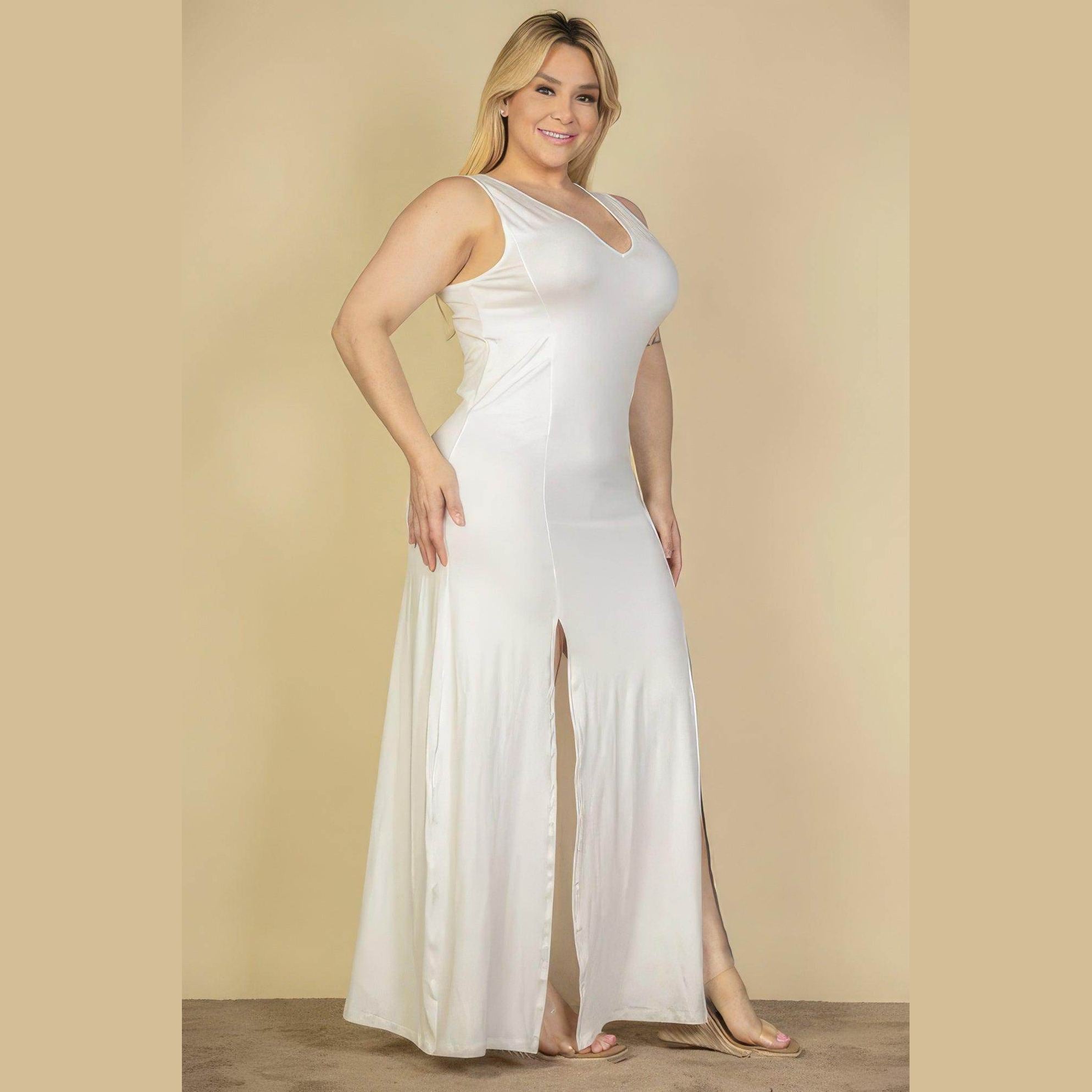 Plus Size Plunge Neck Thigh Split Maxi Dress - VacationGrabs