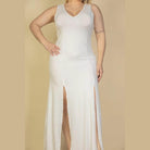 Plus Size Plunge Neck Thigh Split Maxi Dress - VacationGrabs