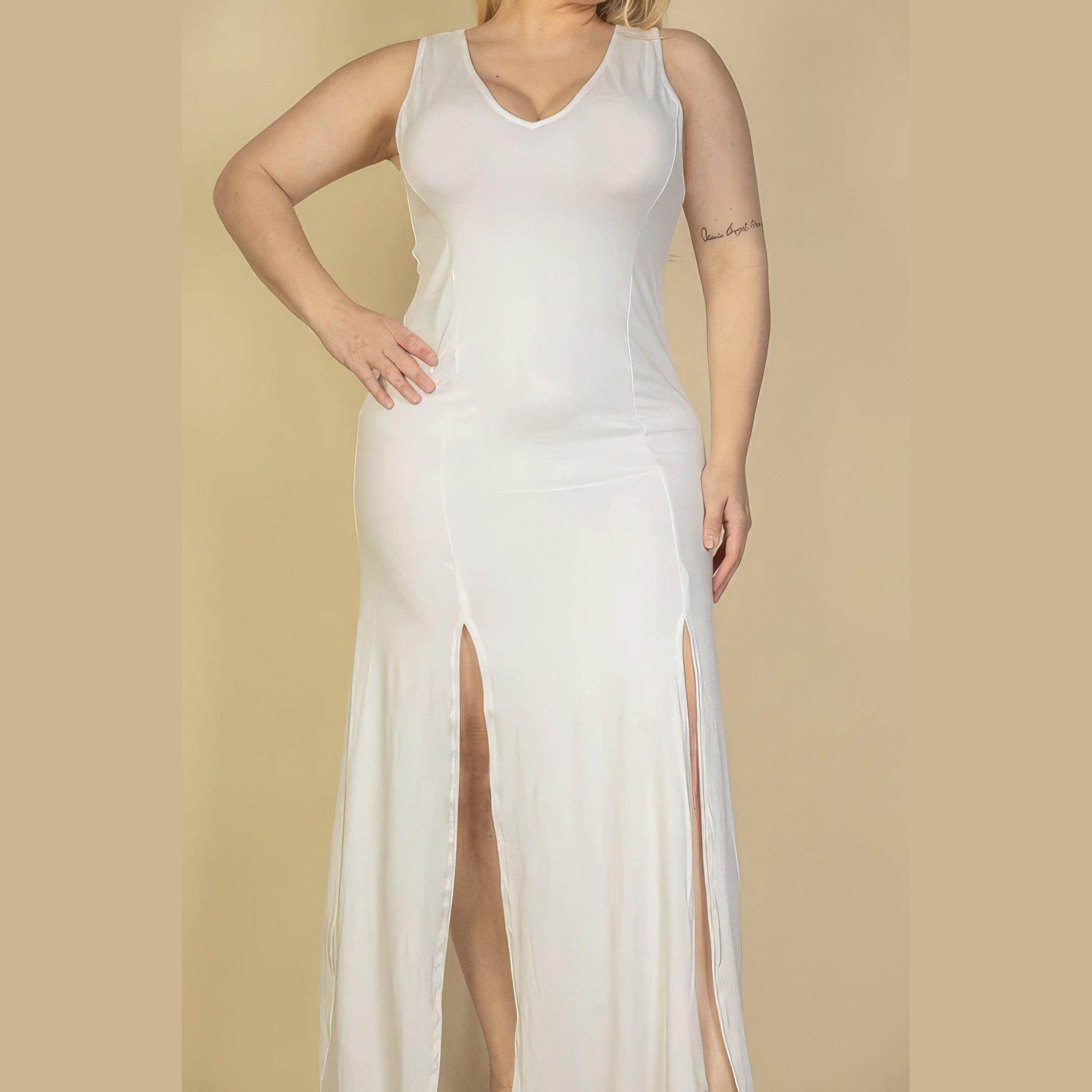 Plus Size Plunge Neck Thigh Split Maxi Dress - VacationGrabs