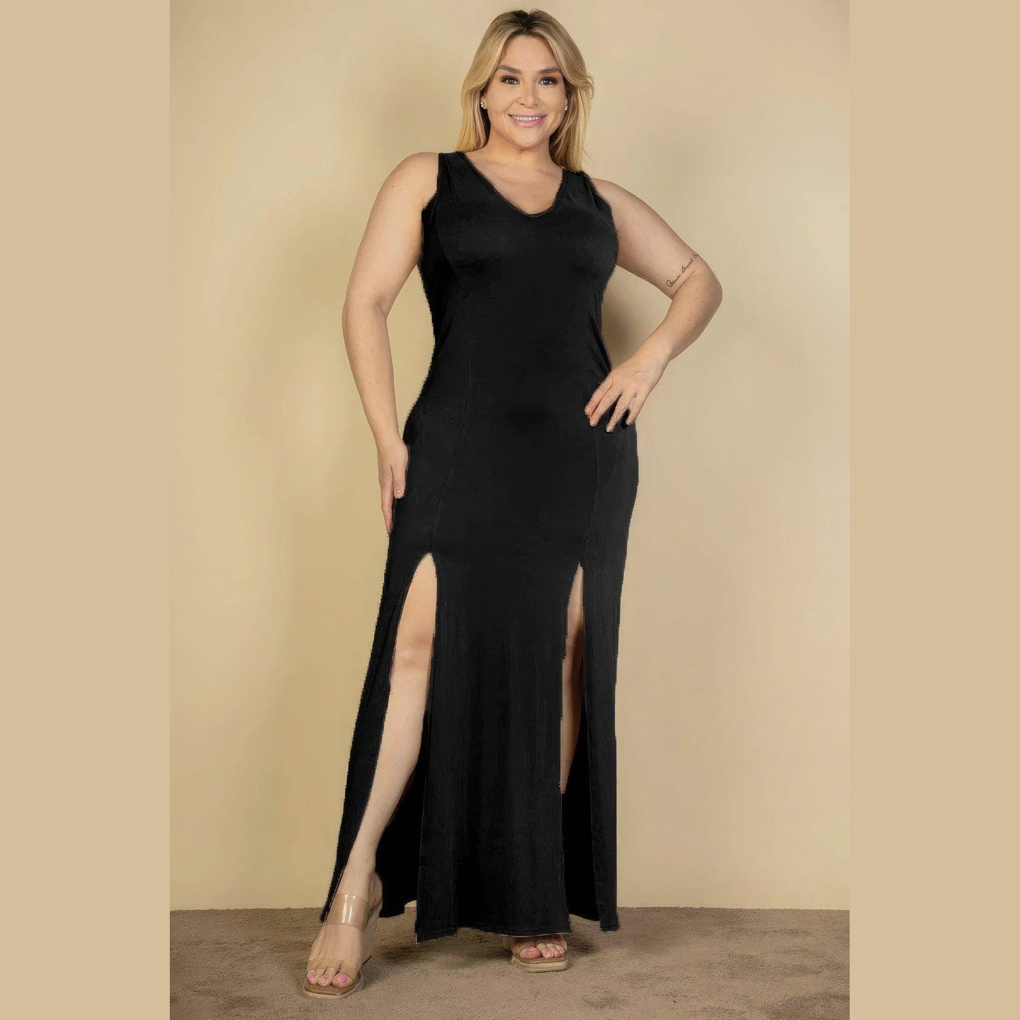 Plus Size Plunge Neck Thigh Split Maxi Dress - VacationGrabs