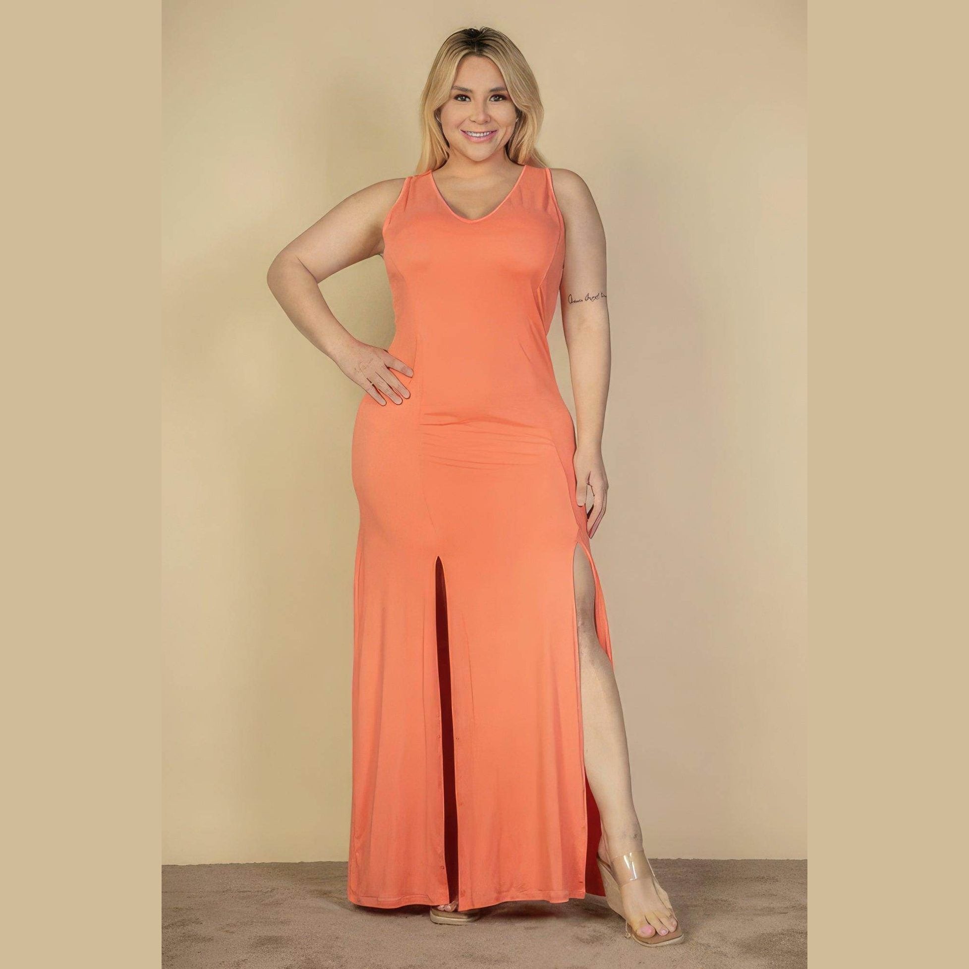 Plus Size Plunge Neck Thigh Split Maxi Dress - VacationGrabs