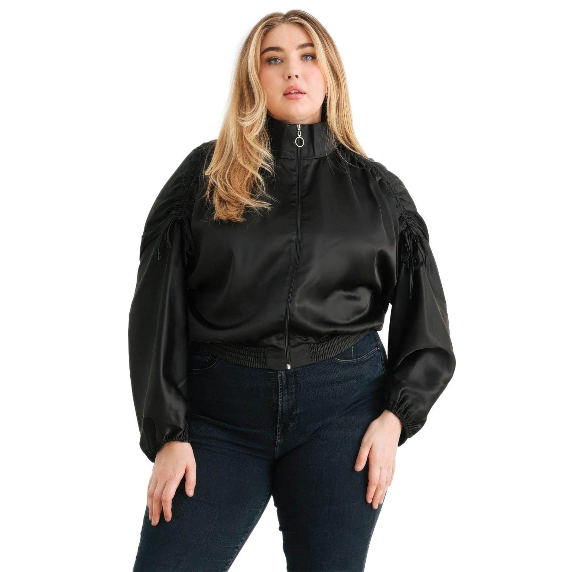 Plus Satin Zip-up Ruched Long Sleeve Cropped Bomber Jacket - VacationGrabs