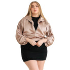 Plus Satin Zip-up Ruched Long Sleeve Cropped Bomber Jacket - VacationGrabs