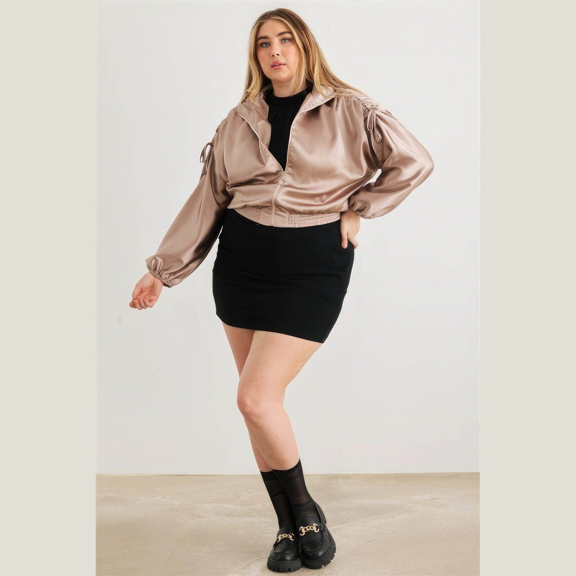 Plus Satin Zip-up Ruched Long Sleeve Cropped Bomber Jacket - VacationGrabs