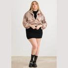 Plus Satin Zip-up Ruched Long Sleeve Cropped Bomber Jacket - VacationGrabs