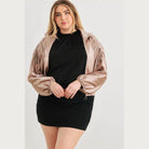 Plus Satin Zip-up Ruched Long Sleeve Cropped Bomber Jacket - VacationGrabs