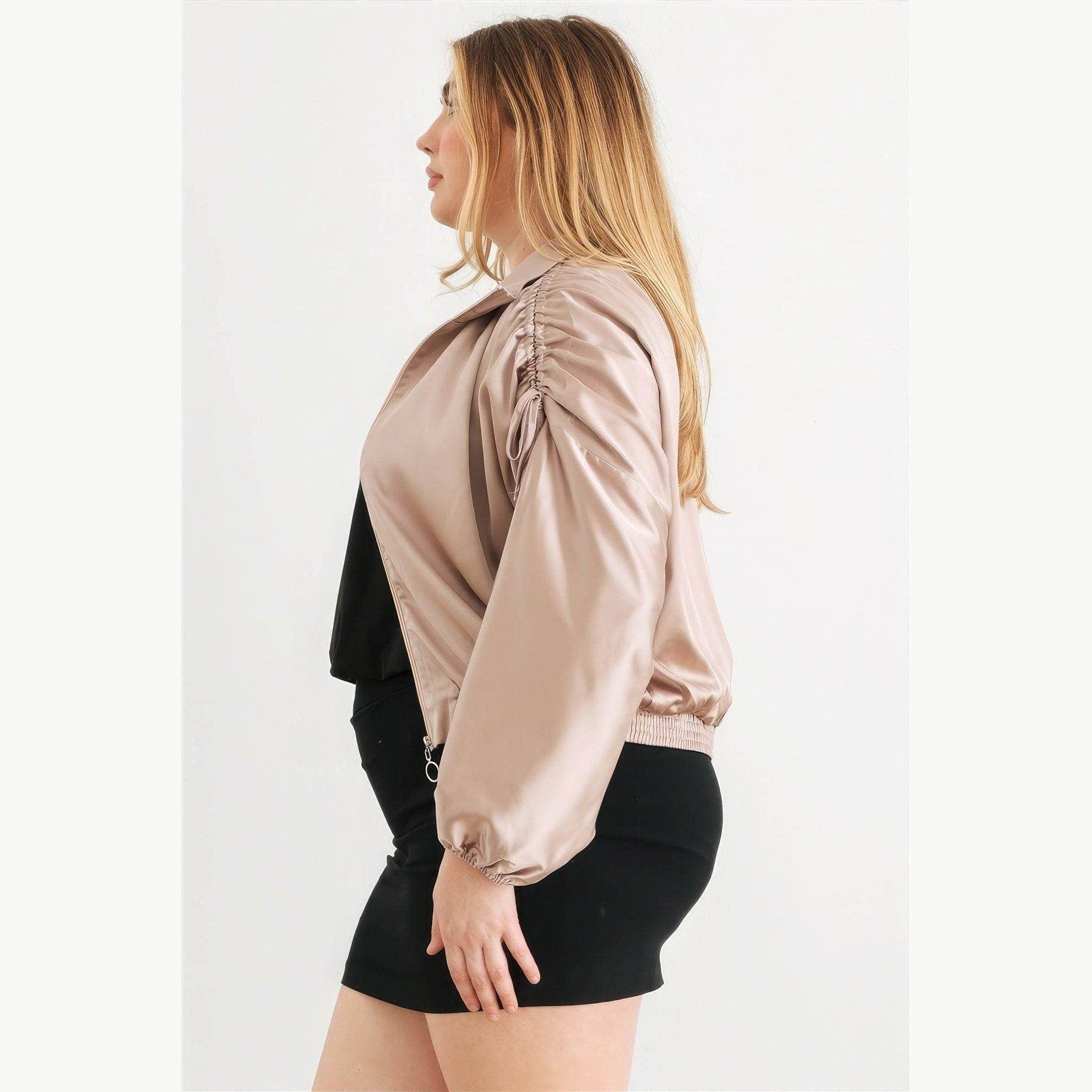 Plus Satin Zip-up Ruched Long Sleeve Cropped Bomber Jacket - VacationGrabs
