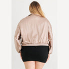 Plus Satin Zip-up Ruched Long Sleeve Cropped Bomber Jacket - VacationGrabs