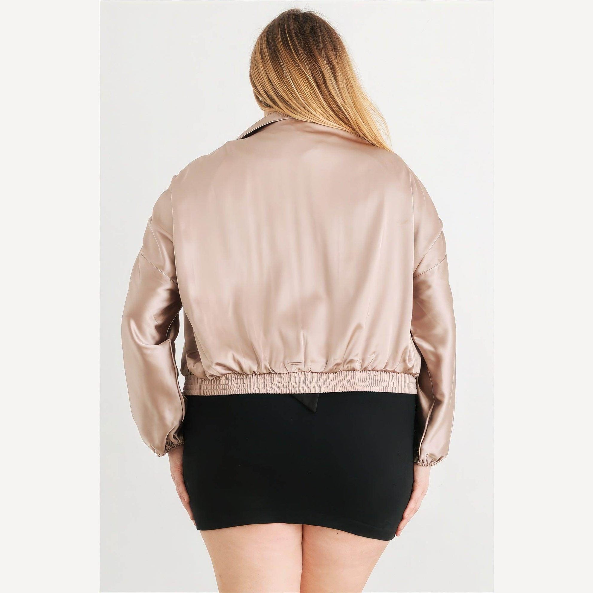 Plus Satin Zip-up Ruched Long Sleeve Cropped Bomber Jacket - VacationGrabs