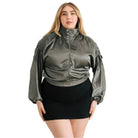 Plus Satin Zip-up Ruched Long Sleeve Cropped Bomber Jacket - VacationGrabs
