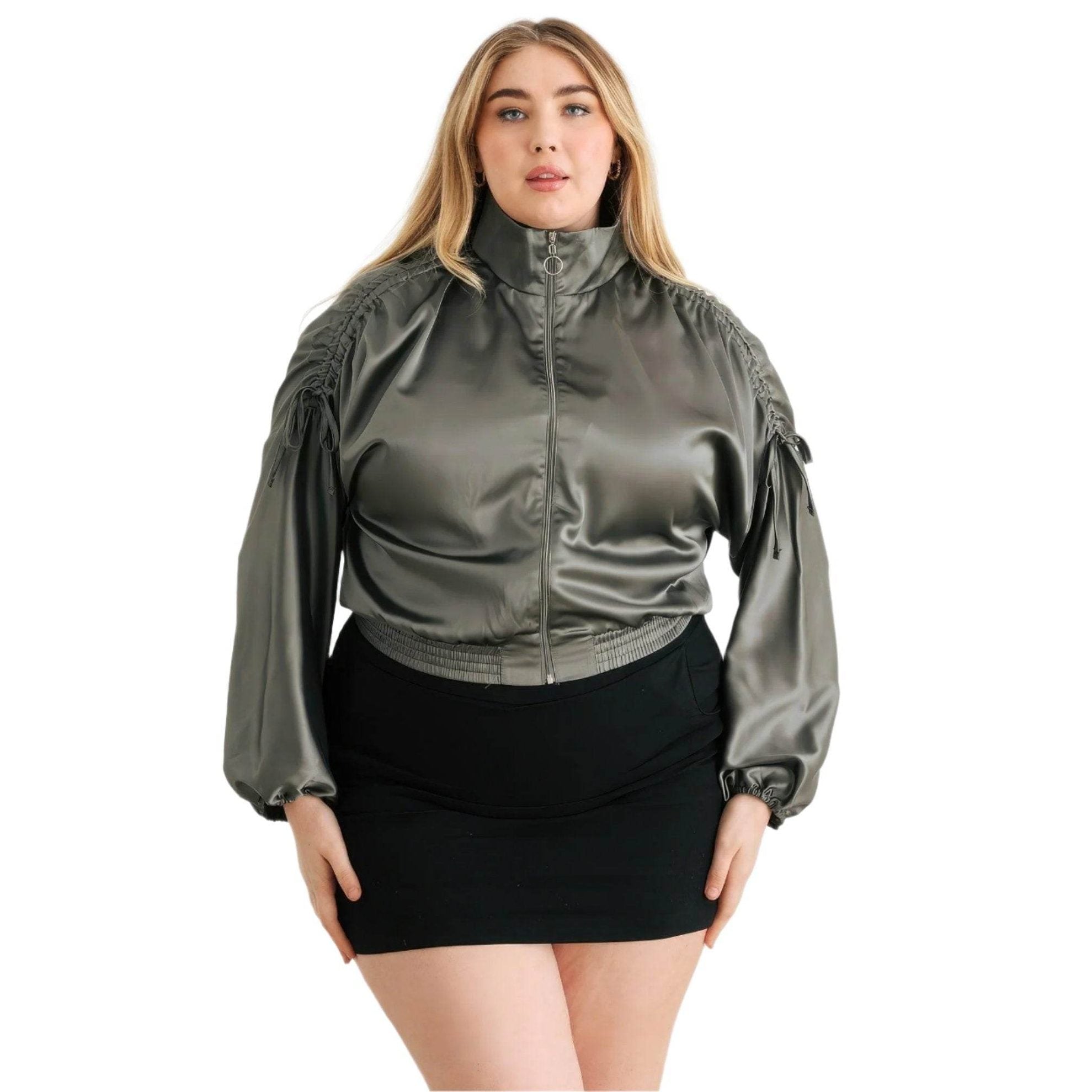 Plus Satin Zip-up Ruched Long Sleeve Cropped Bomber Jacket - VacationGrabs