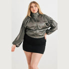 Plus Satin Zip-up Ruched Long Sleeve Cropped Bomber Jacket - VacationGrabs