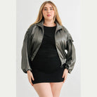 Plus Satin Zip-up Ruched Long Sleeve Cropped Bomber Jacket - VacationGrabs