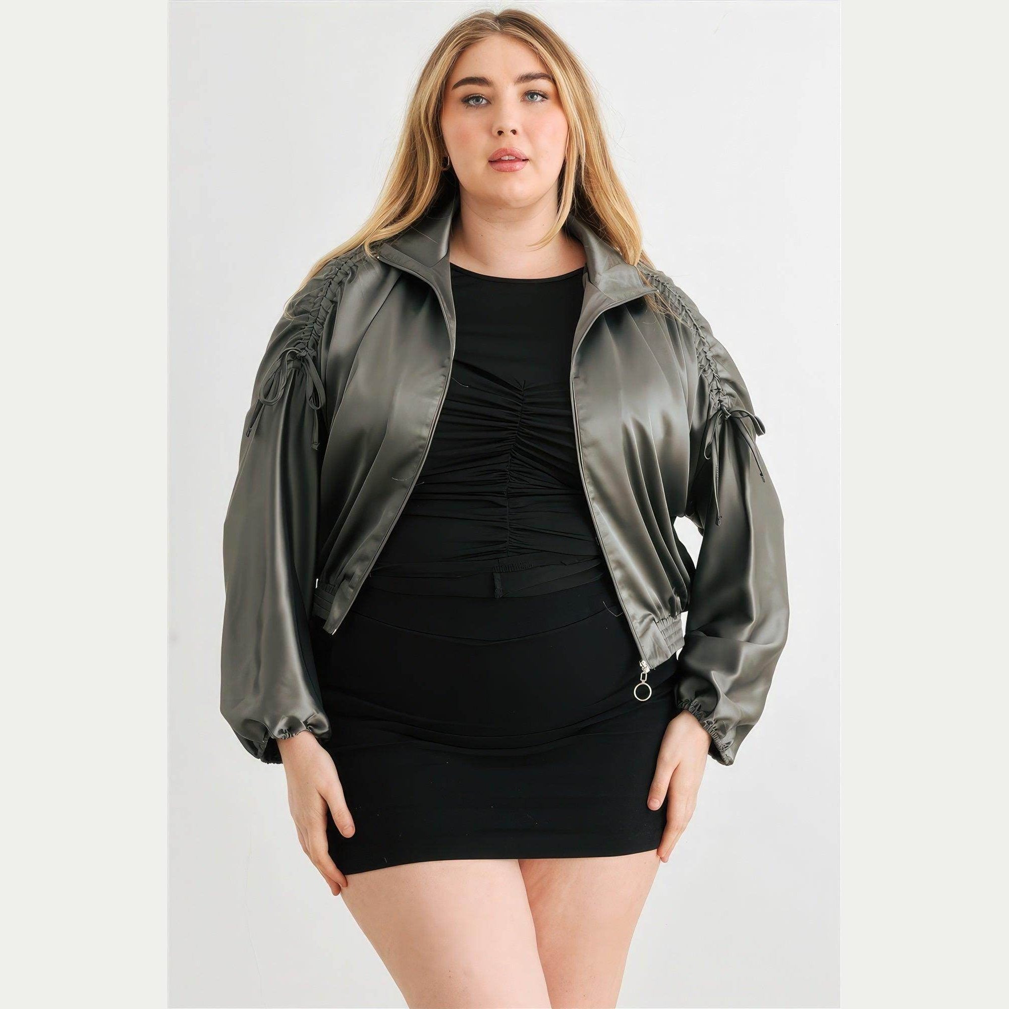 Plus Satin Zip-up Ruched Long Sleeve Cropped Bomber Jacket - VacationGrabs