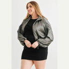 Plus Satin Zip-up Ruched Long Sleeve Cropped Bomber Jacket - VacationGrabs