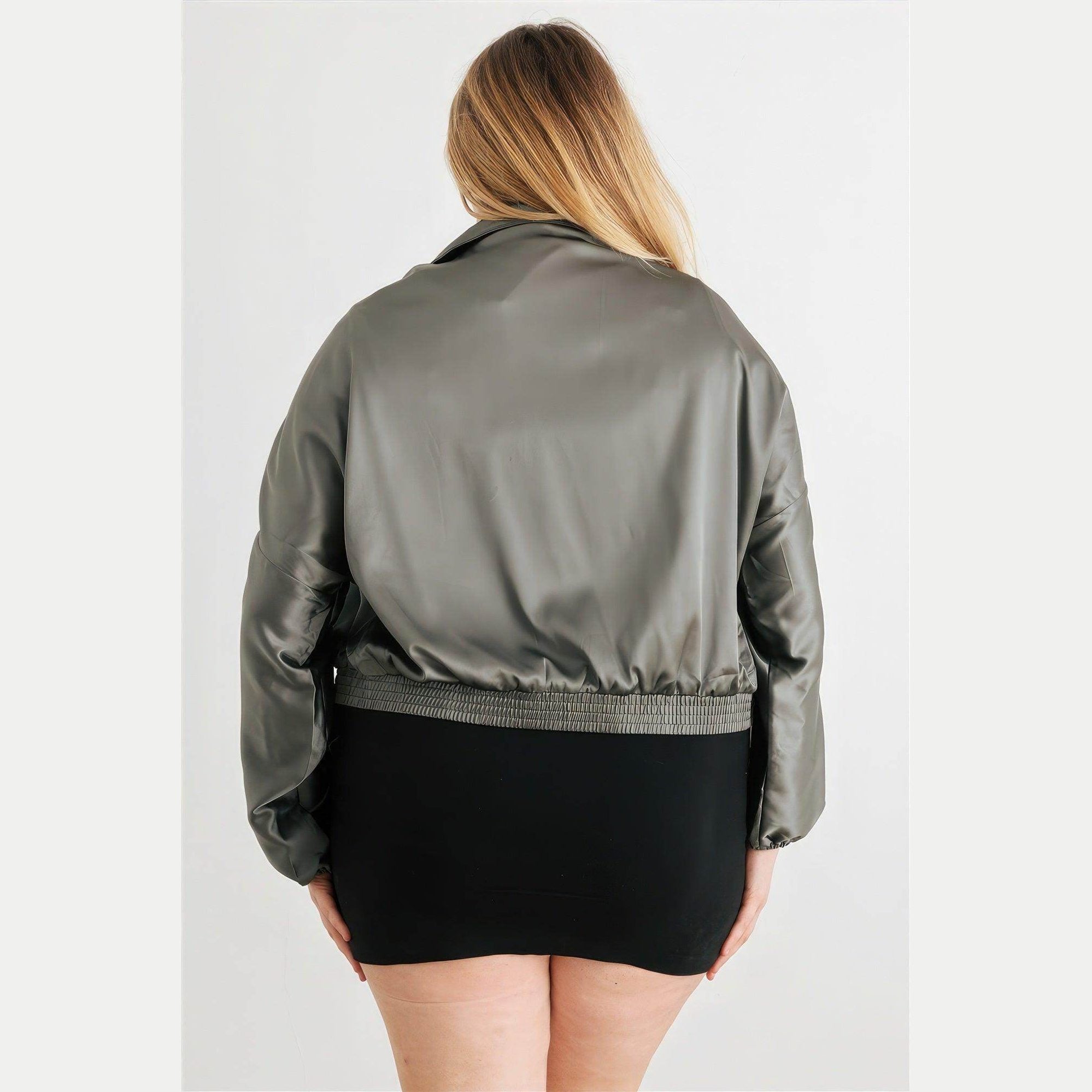 Plus Satin Zip-up Ruched Long Sleeve Cropped Bomber Jacket - VacationGrabs