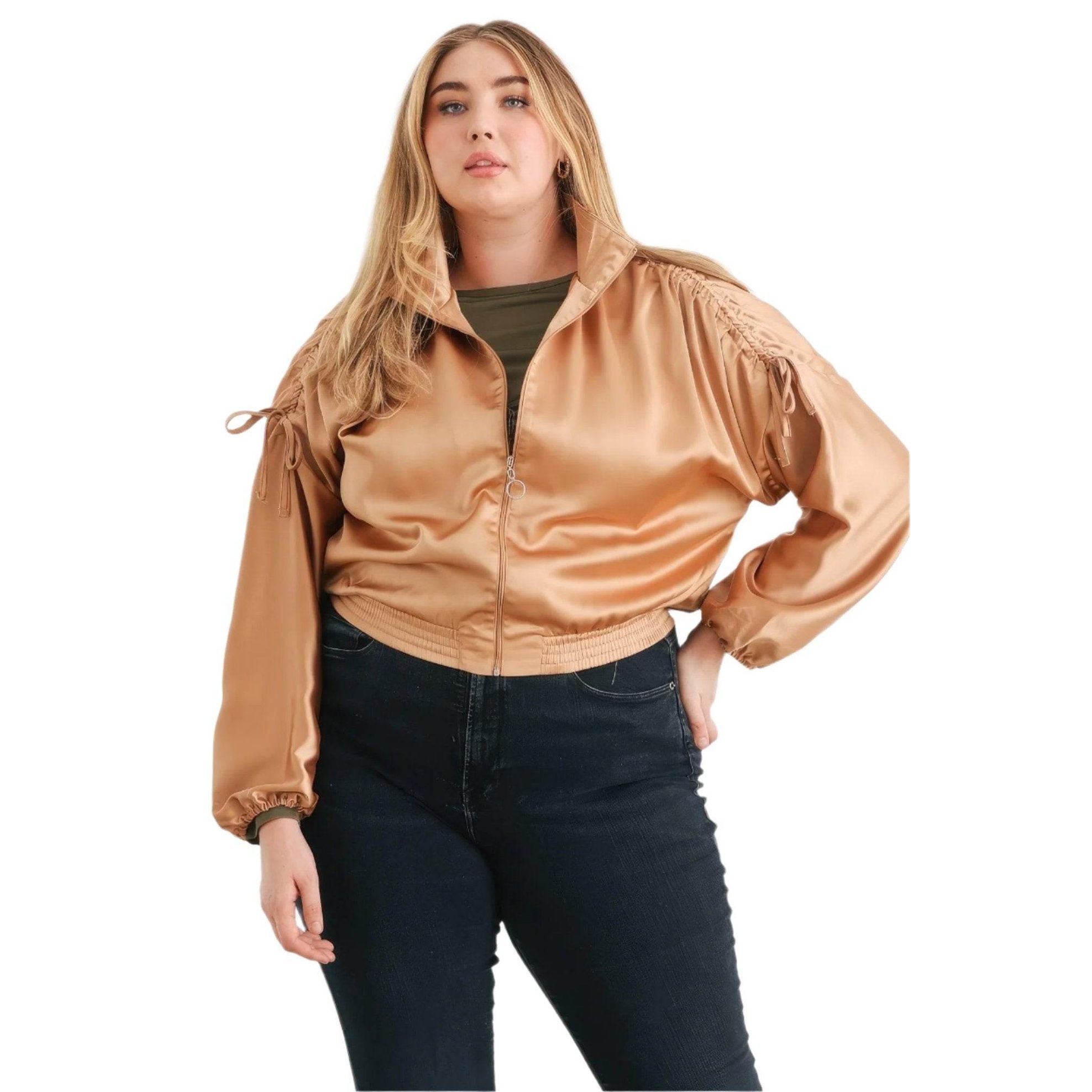 Plus Satin Zip-up Ruched Long Sleeve Cropped Bomber Jacket - VacationGrabs