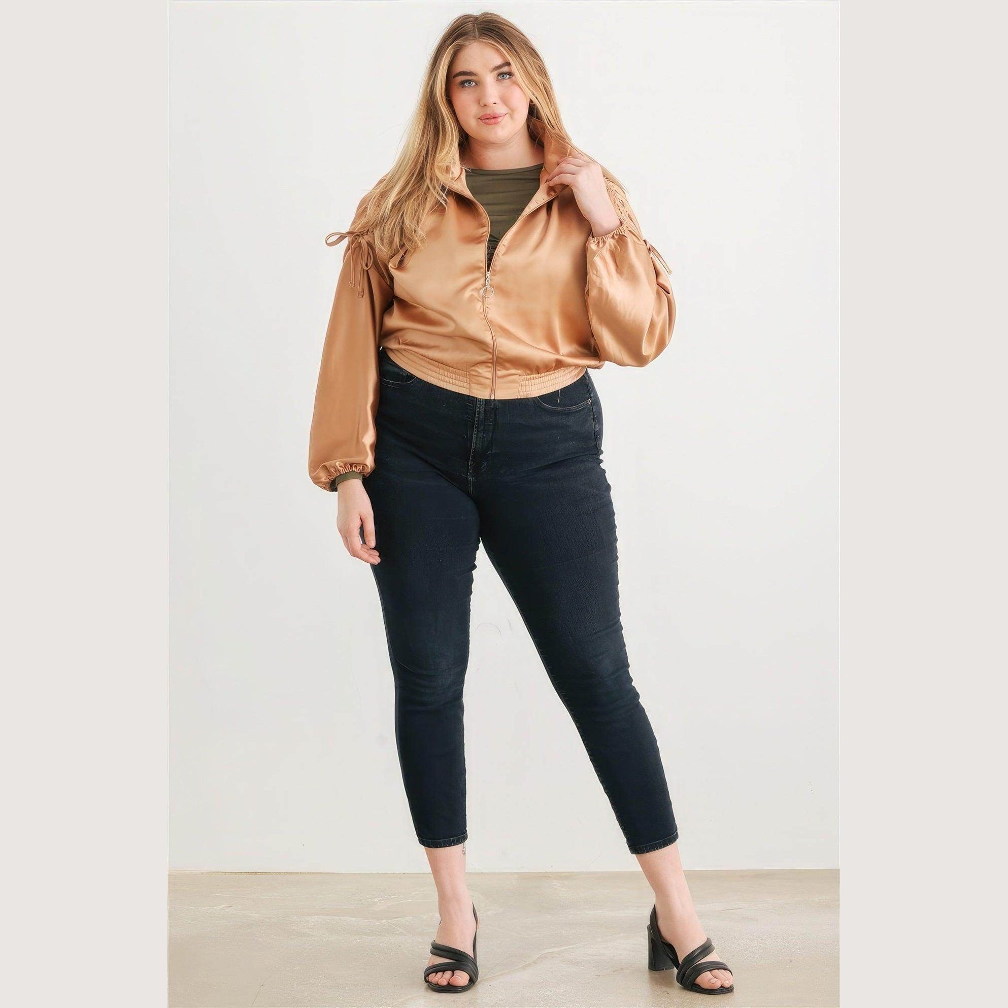 Plus Satin Zip-up Ruched Long Sleeve Cropped Bomber Jacket - VacationGrabs