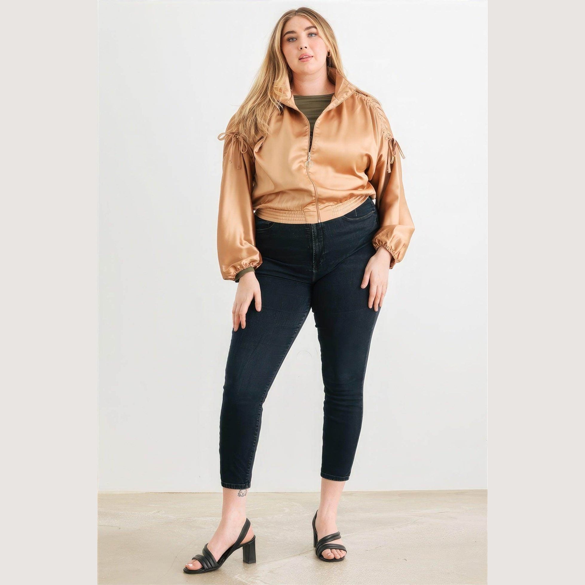 Plus Satin Zip-up Ruched Long Sleeve Cropped Bomber Jacket - VacationGrabs