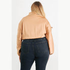 Plus Satin Zip-up Ruched Long Sleeve Cropped Bomber Jacket - VacationGrabs