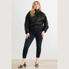 Plus Satin Zip-up Ruched Long Sleeve Cropped Bomber Jacket - VacationGrabs