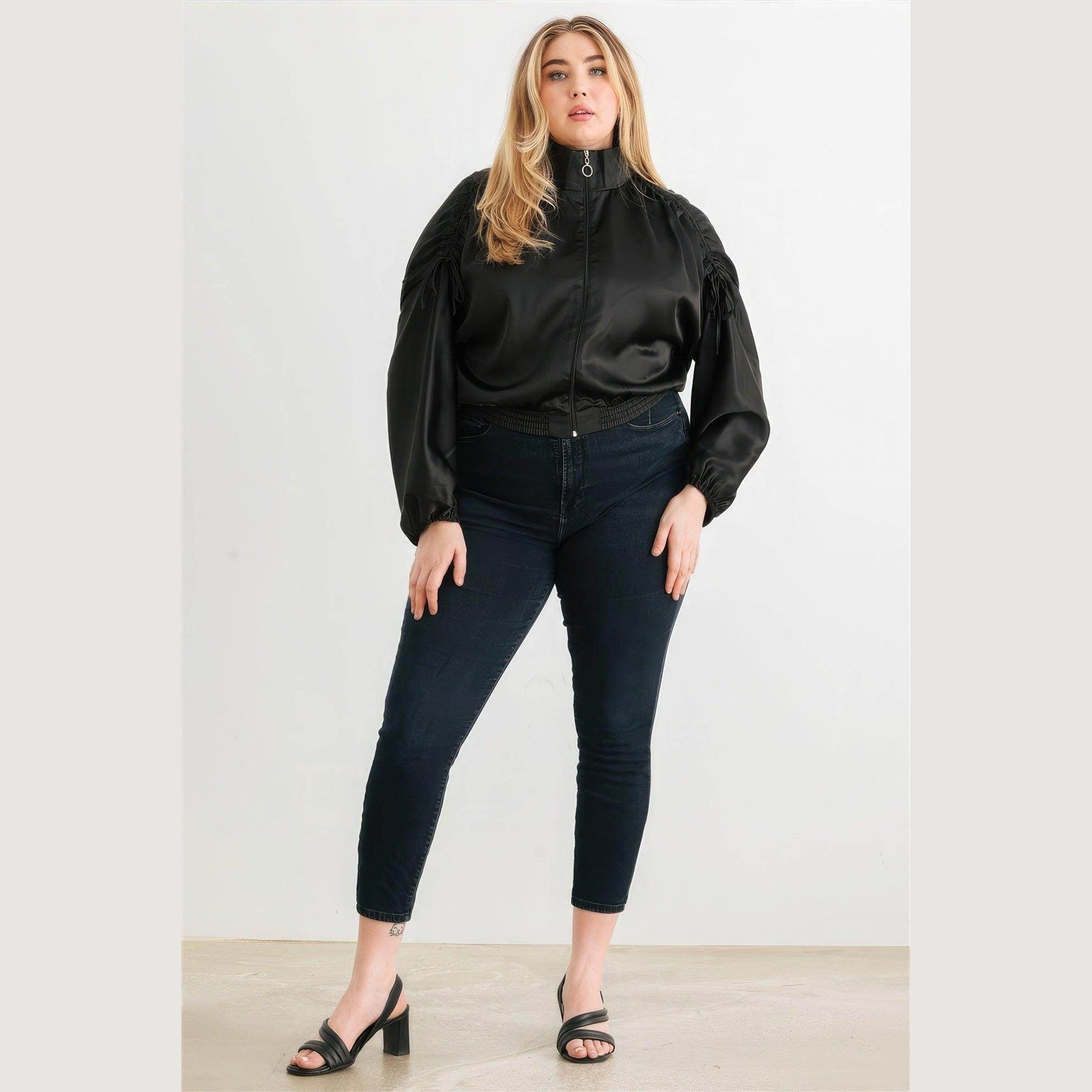 Plus Satin Zip-up Ruched Long Sleeve Cropped Bomber Jacket - VacationGrabs