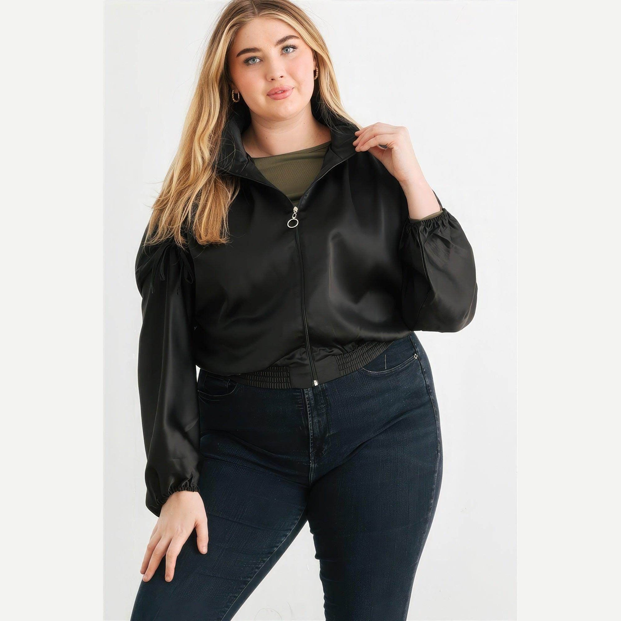 Plus Satin Zip-up Ruched Long Sleeve Cropped Bomber Jacket - VacationGrabs