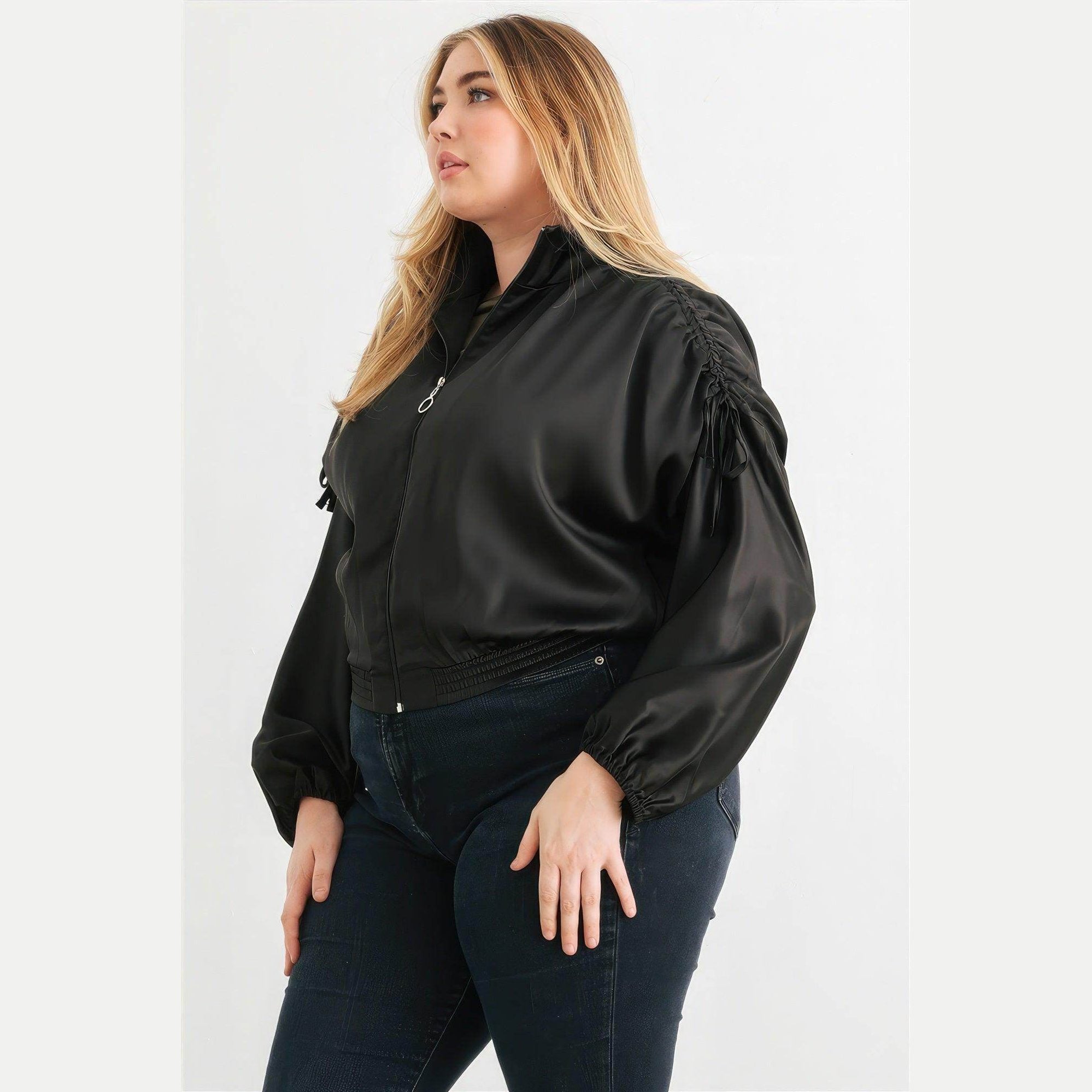 Plus Satin Zip-up Ruched Long Sleeve Cropped Bomber Jacket - VacationGrabs