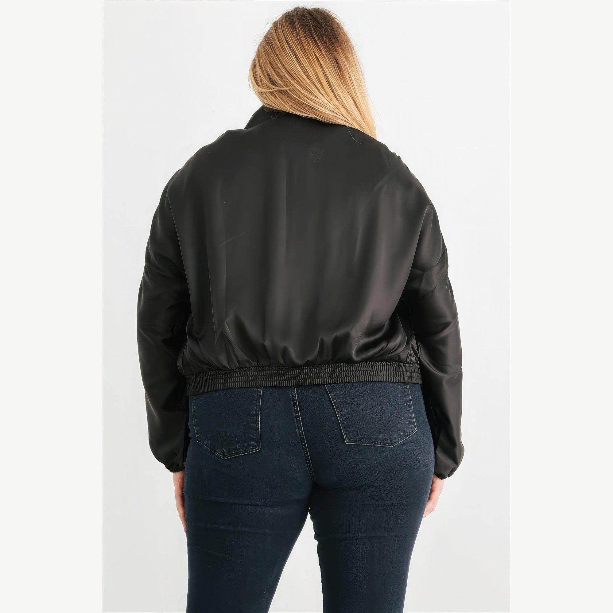 Plus Satin Zip-up Ruched Long Sleeve Cropped Bomber Jacket - VacationGrabs