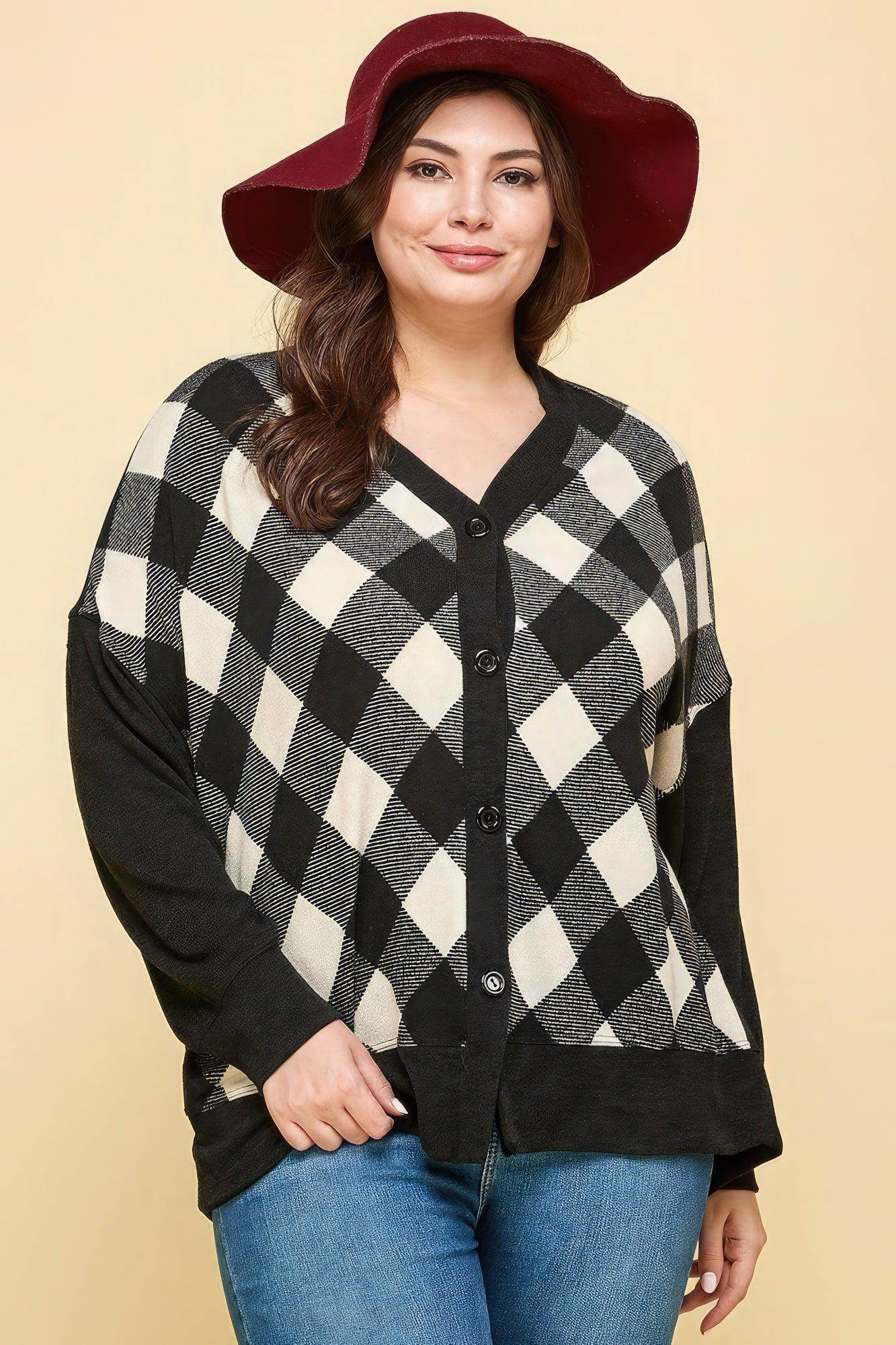 Plus Size Buffalo Plaid Knit Button Up Oversize Cardigan - VacationGrabs