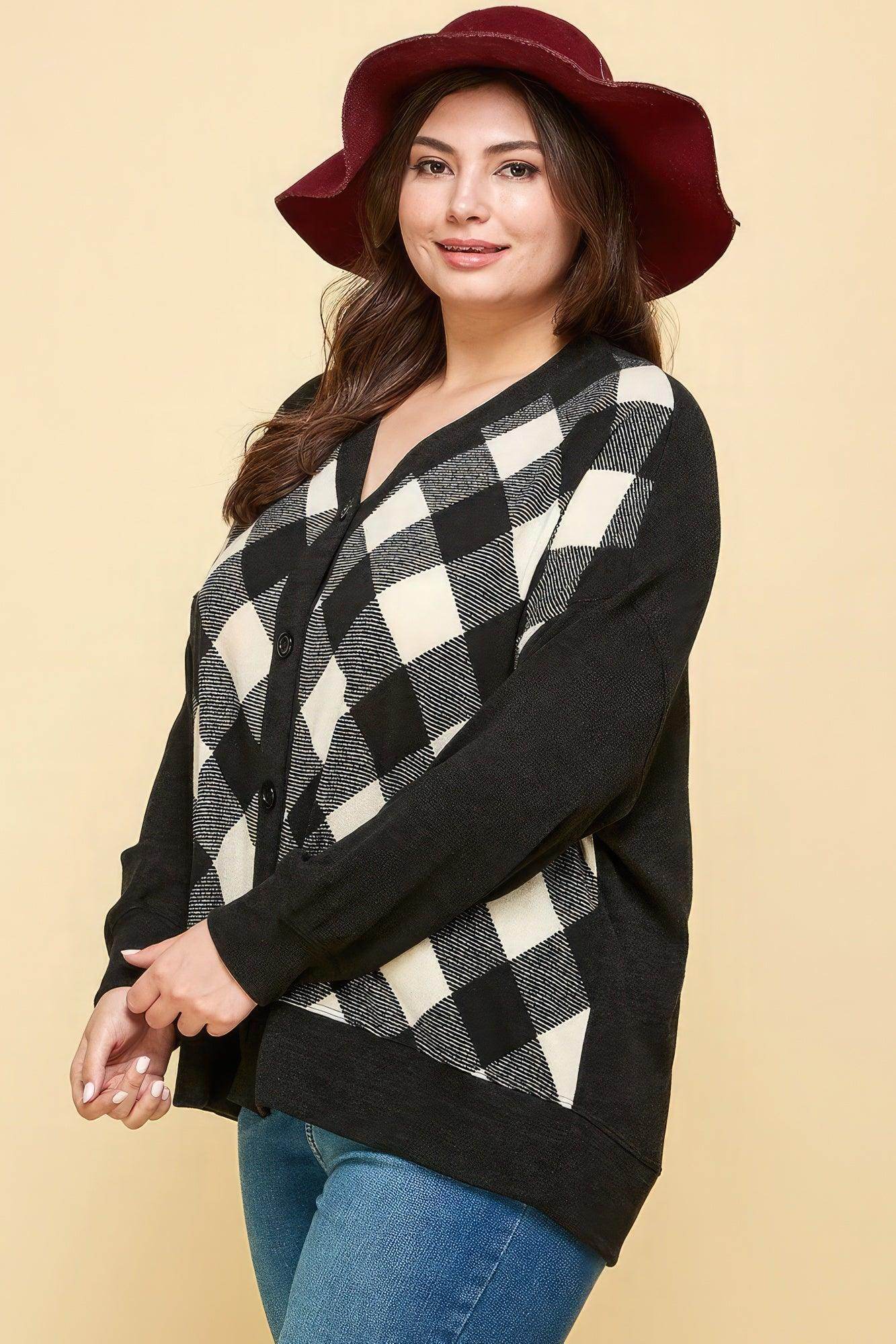 Plus Size Buffalo Plaid Knit Button Up Oversize Cardigan - VacationGrabs