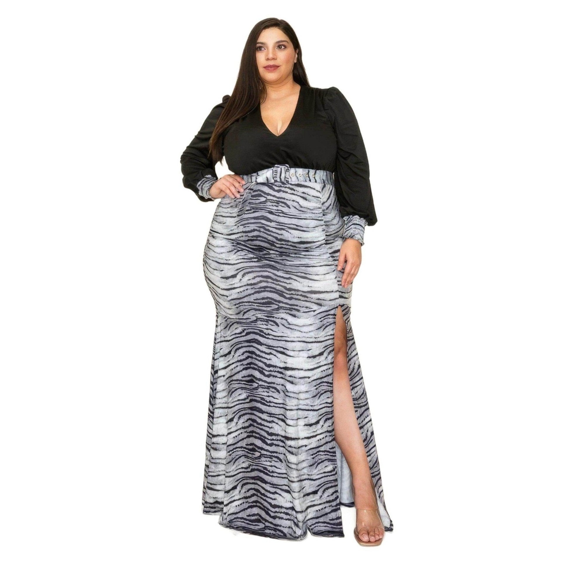 Venecia Solid/Zebra V Neck Long Sleeve Belted Maxi Dress - VacationGrabs