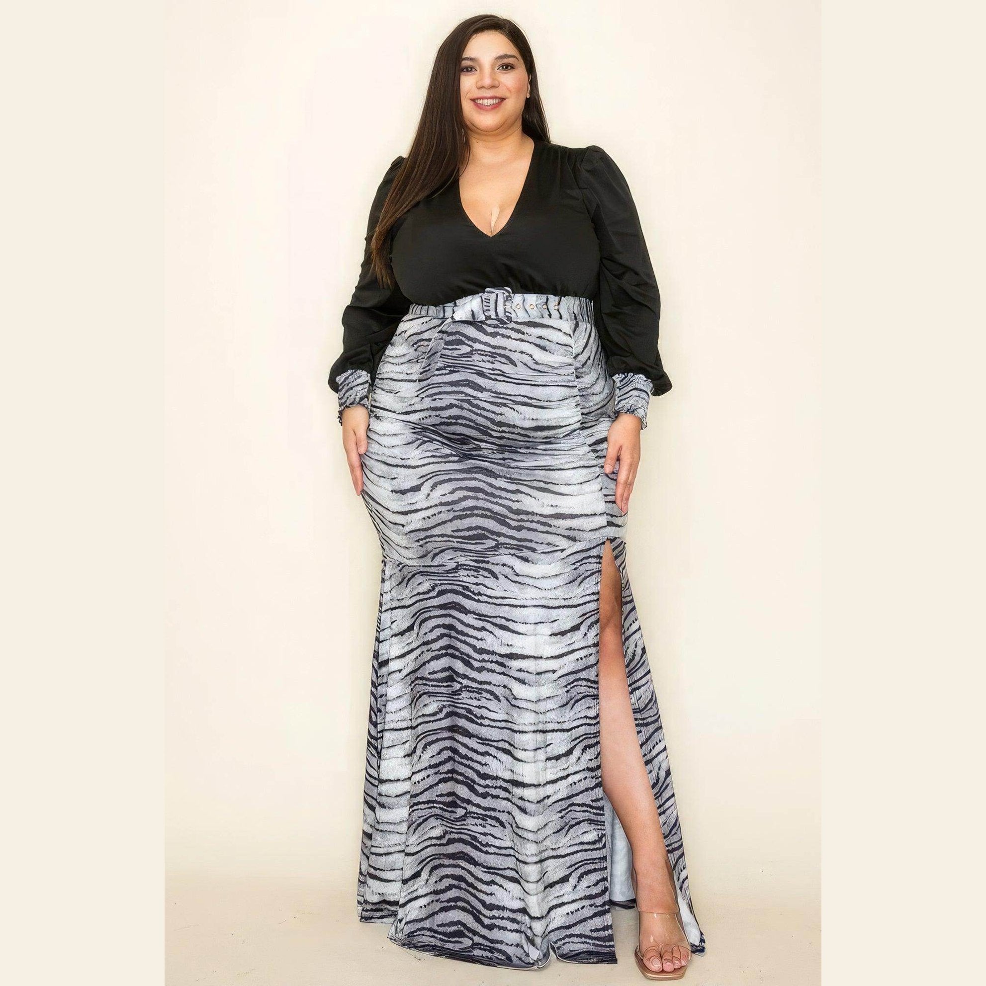 Venecia Solid/Zebra V Neck Long Sleeve Belted Maxi Dress - VacationGrabs